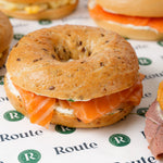 Close up of smoked salmon bagel from the variety platter, Route Catering London