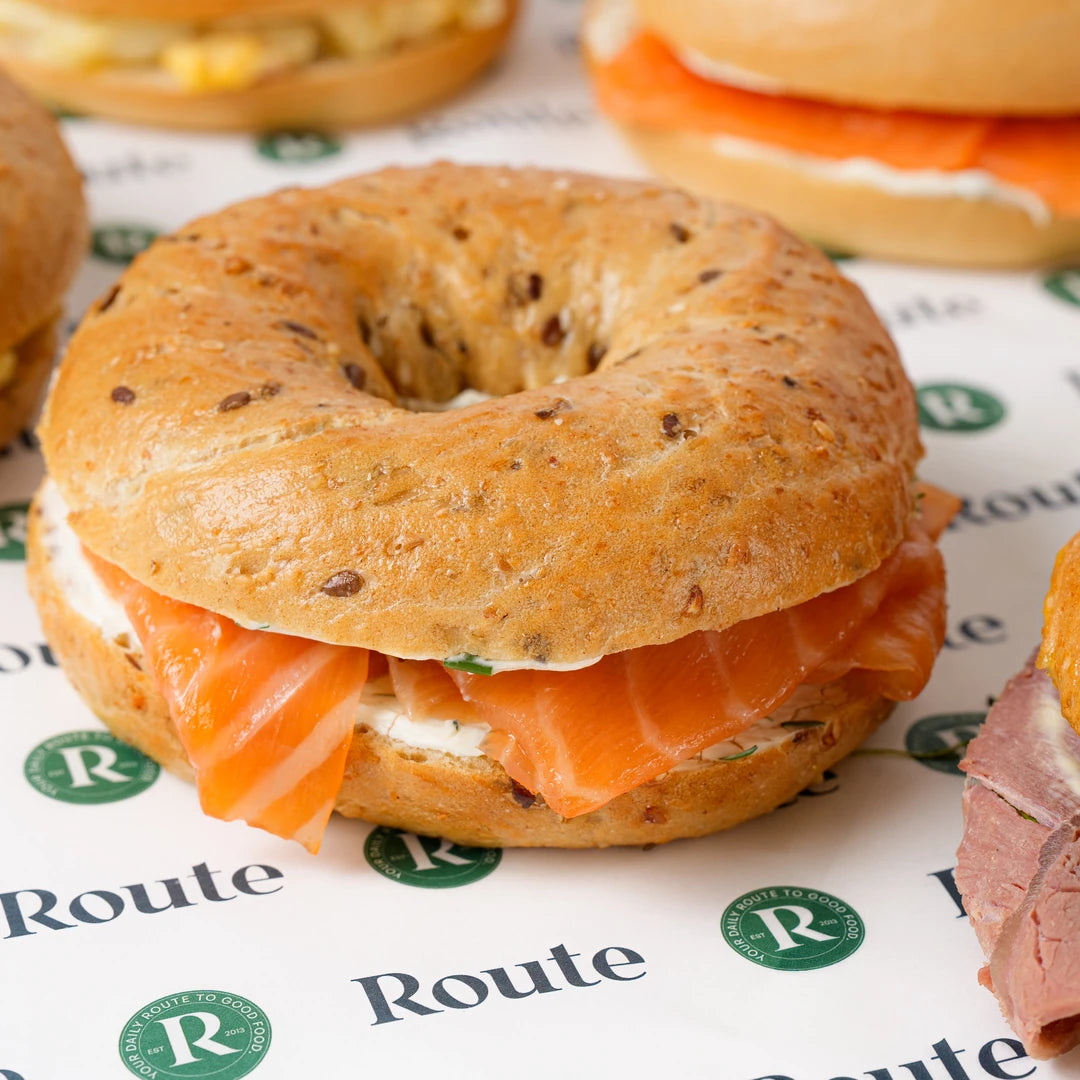 Close up of smoked salmon bagel from the variety platter, Route Catering London