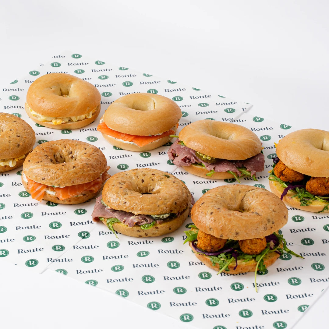 Variety bagel platter, serves 8, breakfast catering London, Route Catering