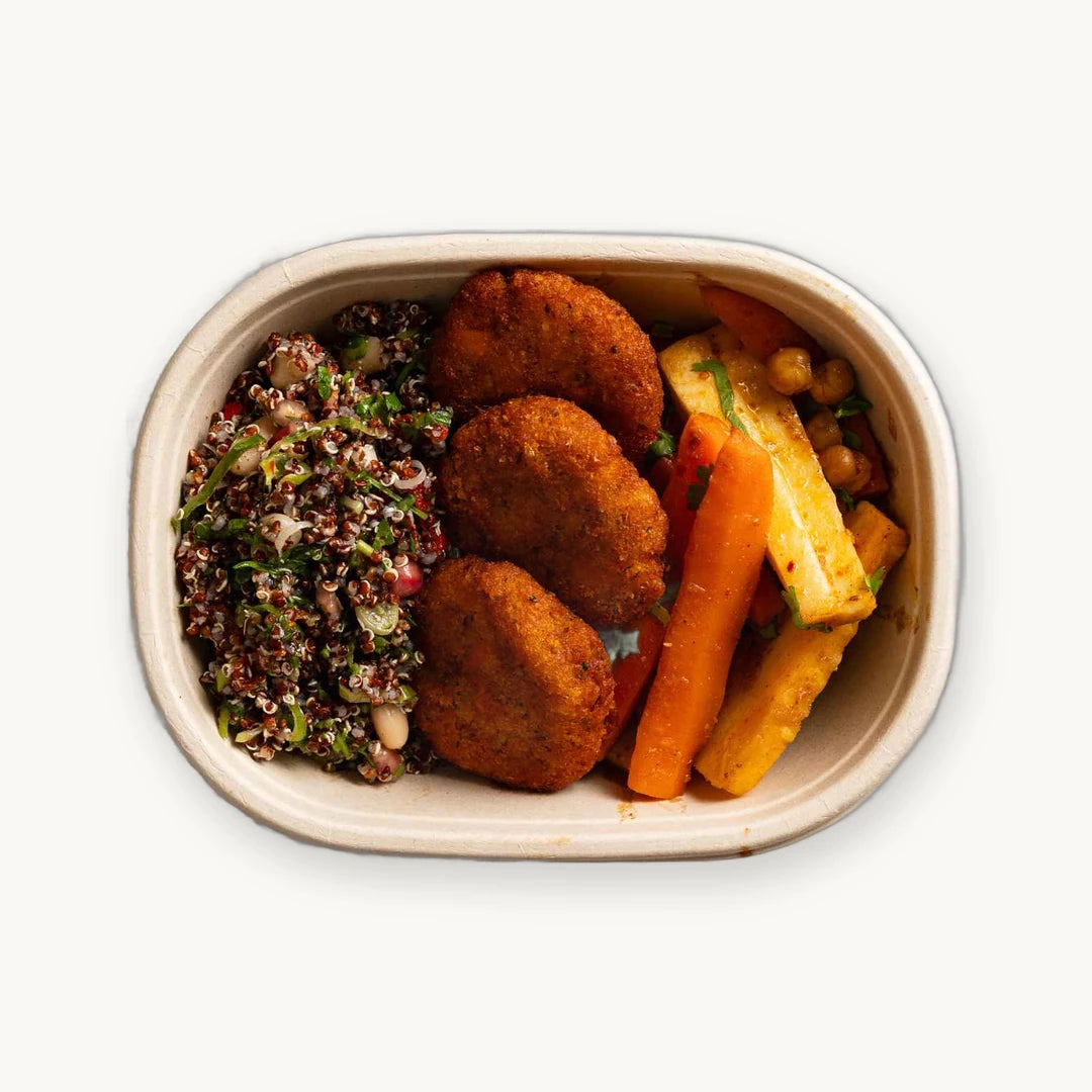 Vegan Lunch Box with sweet potato kofte, red quinoa salad and carrot and parsnip salad from above - Route Catering