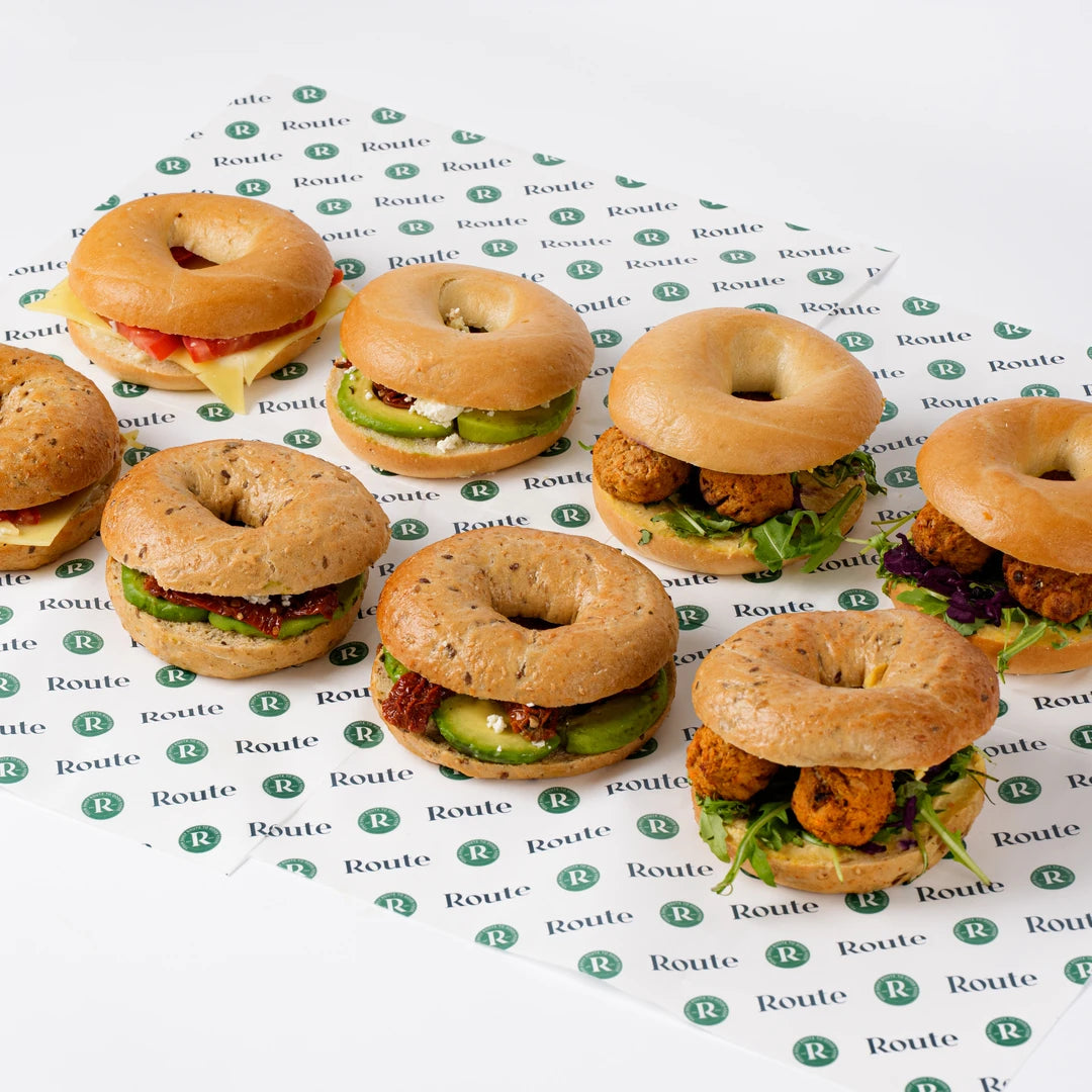 Vegetarian bagels in Route Catering delivery box, London