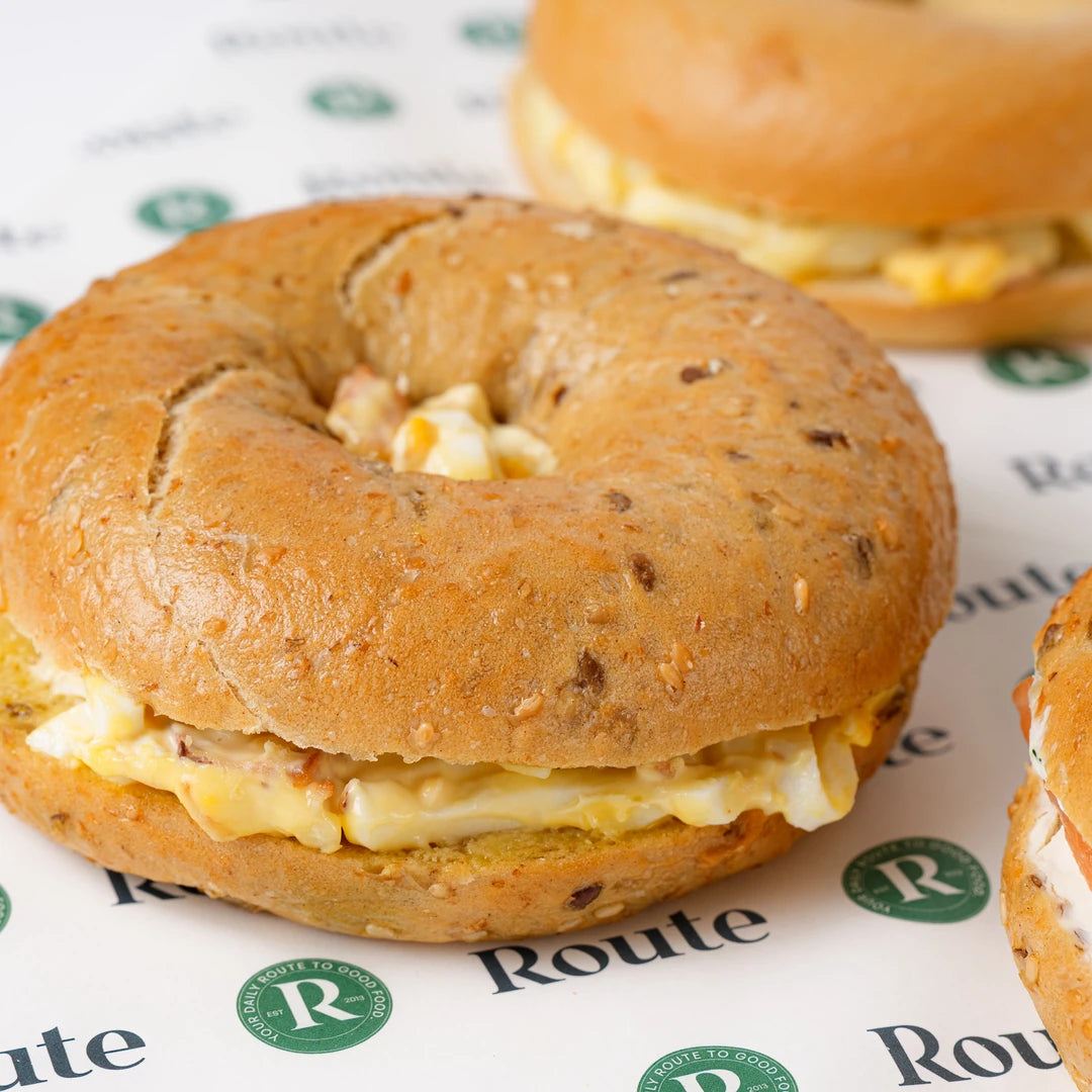 Close up of egg mayonnaise bagel, Route Catering London