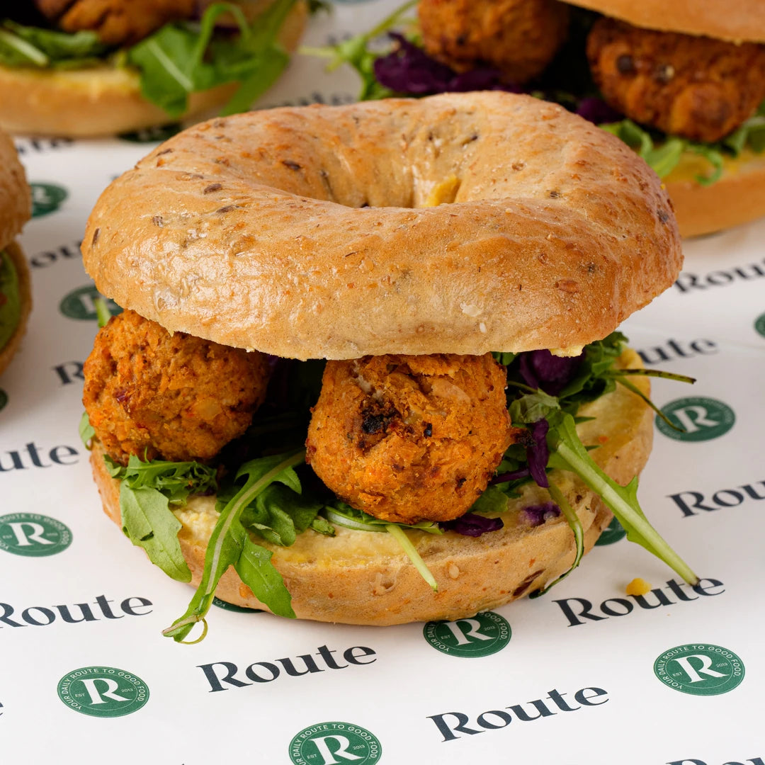 Close up of vegan kofta and rocket bagel, Route Catering London
