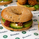 Close up of sundried tomato and cucumber bagel, Route Catering London