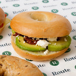 Close up of feta and cucumber bagel, Route Catering London