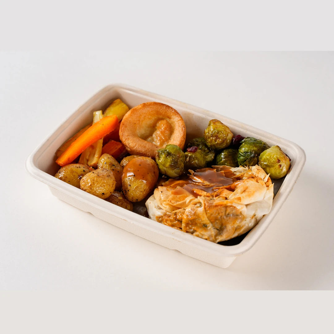 Vegetarian Roast Dinner box, angled view with gravy - Route Catering