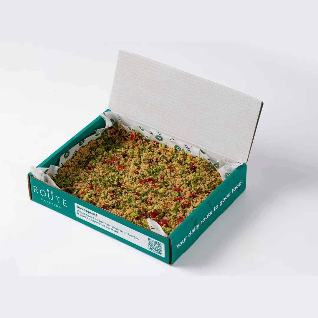 White quinoa salad in Route Catering delivery box, serves 6, London